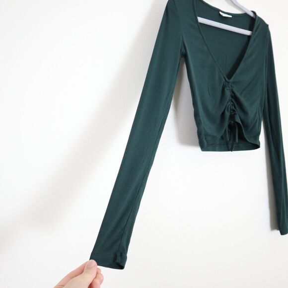 Aritzia Sunday Best Size XXS Vida Long Sleeve Crop Top Ribbed Green Ruched Front - Picture 6 of 10